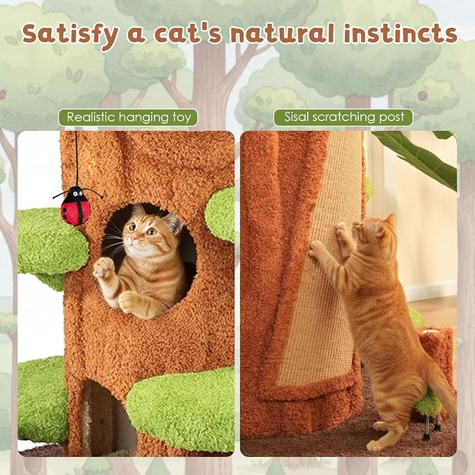 NUNU LAB 90.5 Inch Tall Cat Tree - Large Magic Forest Cat Tree Tower with Sisal Scratching Posts, Side Hideout & Platforms, Multi-Level Solid Wood Cat Condo with for Multi-Cat Homes (Large Green)