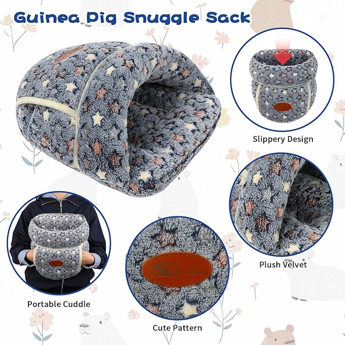 YUEPET Guinea Pig Bed Cuddle Cave Warm Fleece Cozy House Bedding Sleeping Cushion Cage Nest for Small Animal Squirrel Chinchilla Hedgehog Cage Accessories(Grey Star