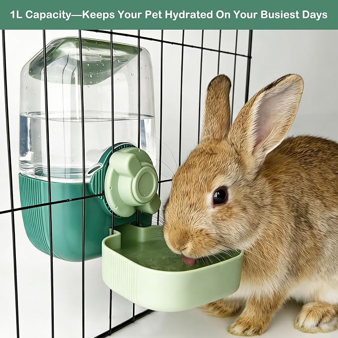Rabbit Water Bottle, 34oz Pet Hanging Water Dispenser, Cat Water Feeder for Small Animal Ferret Guinea Pig Chinchilla Small Dog Cage Grid Spacing 1.2''-2.1'' (Green)
