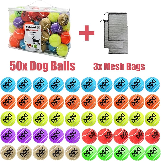 INSUM Tennis Balls for Dogs - Bulk 50 Pack 2.5'' Durable Non-Toxic Outdoor Dog Toys Balls with Mesh Bag, SGS Certified, Colorful Fetch Toys, Medium Large Breeds (Non Squeaky)