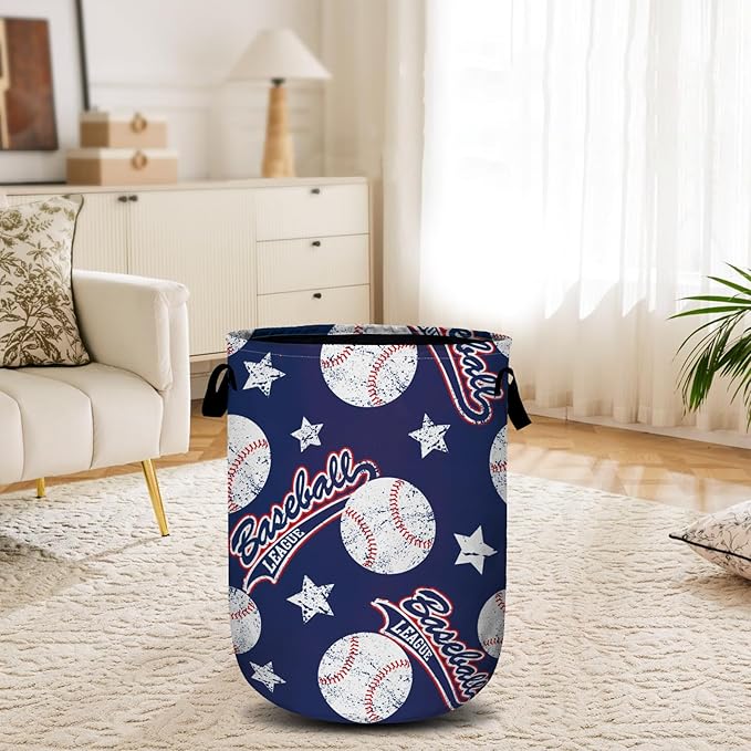 Baseballs and Stars Laundry Basket, Laundry Hamper Collapsible Oxford Cloth with Handle Clothes Storage Bin for Bathroom Laundry Room Bedroom 15.7 X 20 Inch