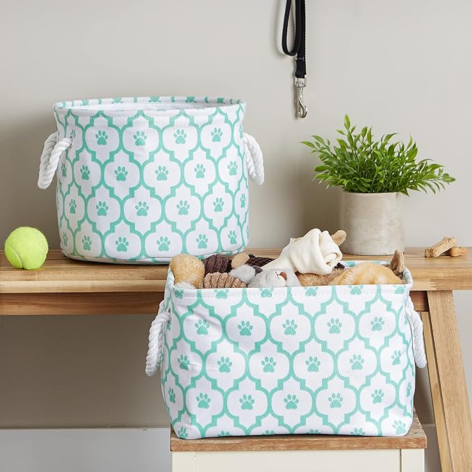 Bone Dry Pet Storage Collection Lattice Paw Print, Small Round, White/Aqua