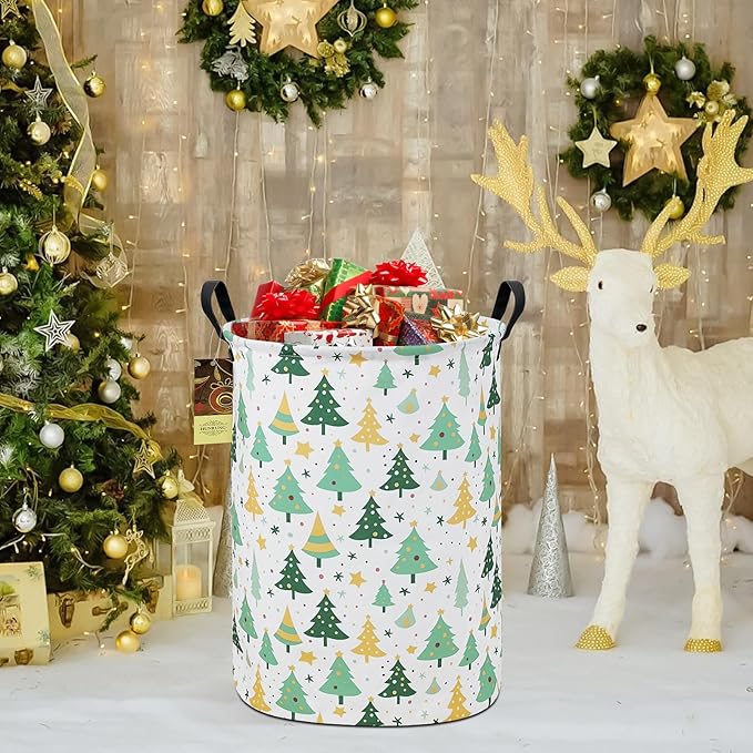 Collapsible Fabric Storage Basket, Waterproof Laundry Hamper with Handles, Round Storage Bin for Clothes Toys, Foldable Organizer for Bedroom Nursery Bathroom(Round-Christmas tree)