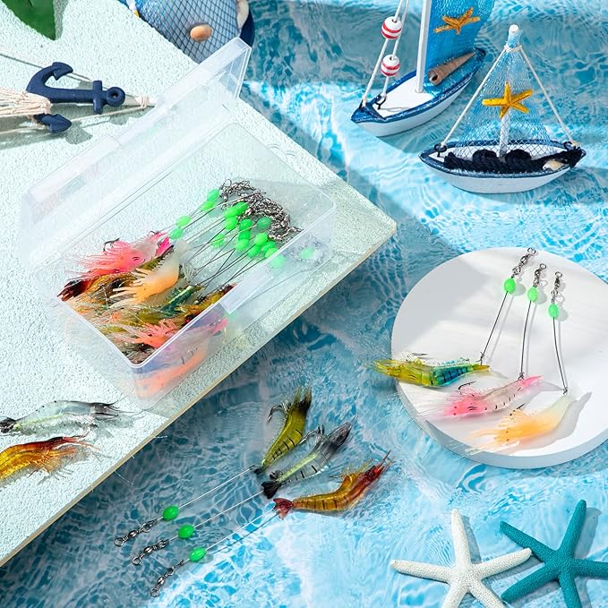 28 Pcs Saltwater Fishing Lures Set, 7 Colors Glow Artificial Shrimp Bait Shrimp Lure with Hook Bead Fishing Tackles for Trout Bass Flounder Redfish Freshwater Saltwater Catfish Salmon