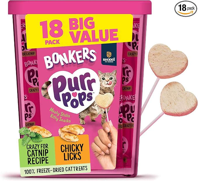 Bonkers Purrpops Freeze Dried Chicken & Catnip Flavor Lollipop Cat Treats, Healthy Real Meat Treats, Training Treats or Food Topper, for All Breeds and Ages, Value Pack (18 Pieces)