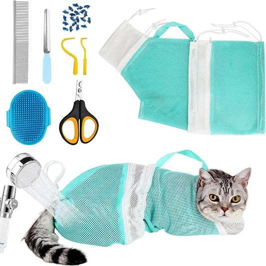 Cat Bathing Bag Adjustable Cat Grooming Net Bag Anti-bite & Anti-Scratch Cat Bath Washing Restraint Bag, Breathable Mesh Cat Grooming Bag for Shower, Nail Trimming, Injection