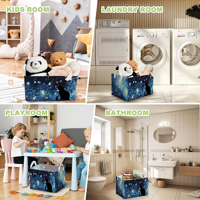 Starry Night Black Cat Toy Basket, Closet Shelf Organizer Baskets for Nursery Decor, Bathroom, Bedroom, Home Decor Gift Basket Large Squarecanvas Laundry Hamper With a Waterproof PE Coating, Foldable