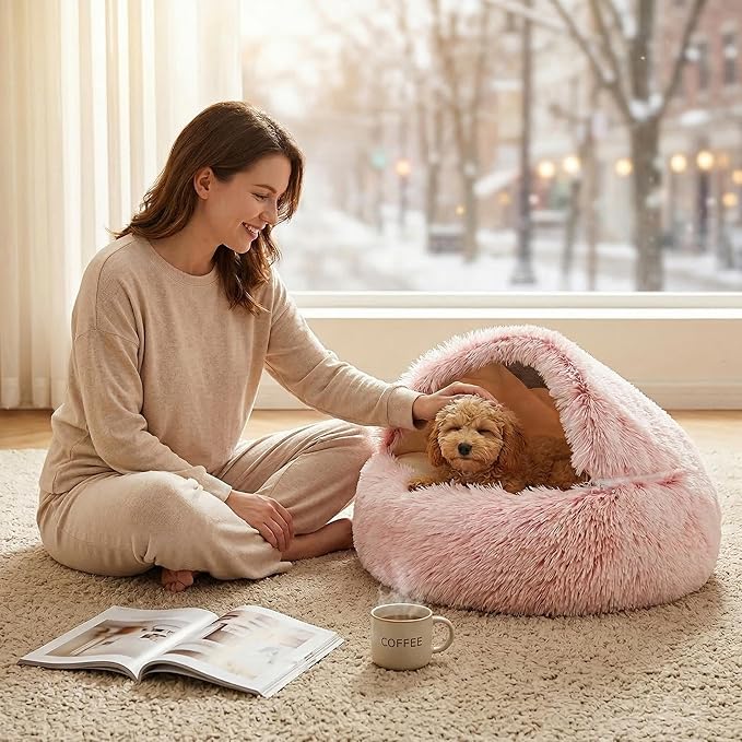 Hooded Dog Bed, Cat Cave Bed with Removable Hood, 2-in-1 Convertible Donut Cat Bed, All Season Fluffy Pet Bed for Cats Small Dogs (Cave Bed - Pink, Medium 19.7 Inches)
