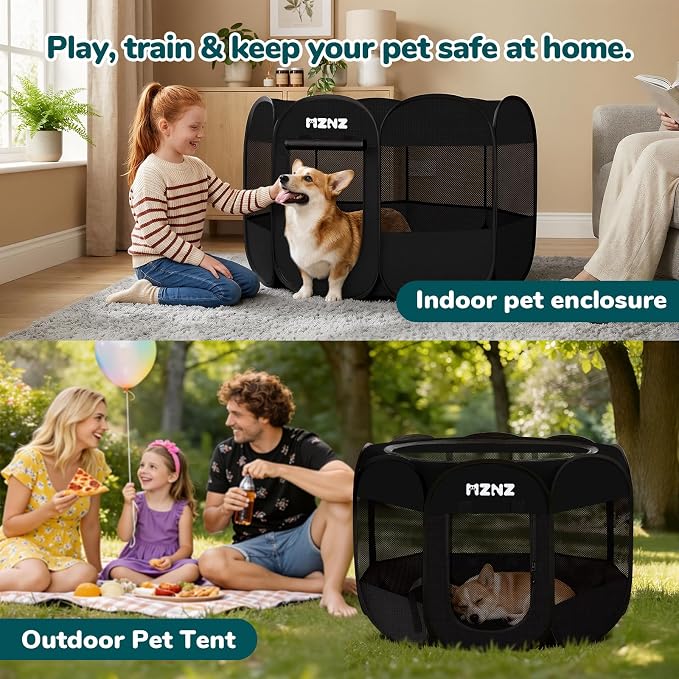 Dog Cat Playpen, Portable Puppy Pet Crate Indoors for Small/Medium Dogs Cats Rabbits, Foldable Dog Cage Enclosure for Outdoor, Pop Up Dogs Tent Kennel with Carrying Case, Whole Black