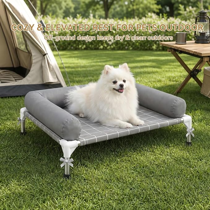 Elevated Dog Bed with 3 Sided Bolster - 20"x26" Raised Pet Cot for Small Dogs, Stainless Steel Frame Portable Dog Sofa for Indoor, Outdoor, Camping and Patio