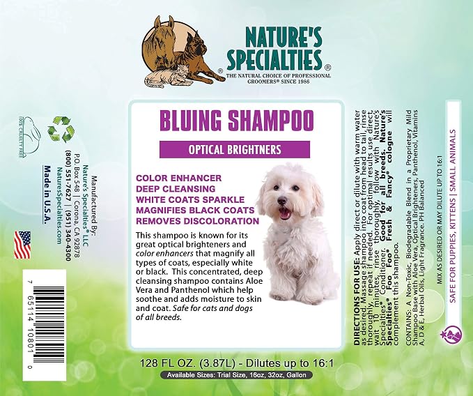 Nature's Specialties Bluing Ultra Concentrated Dog Shampoo for Pets, Makes up to 4 Gallons, Natural Choice for Professional Groomers, Optical Brightener, Made in USA, 32 oz