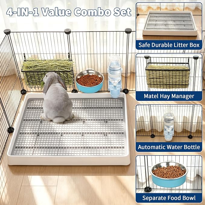FHTONGE 4 in 1 Ultra Large Rabbit Litter Box with Feeder for Cage, Metal Hay Rack&Trainer Tray&Water Bottle&Food Bowl, Bunny Toilet Training Pan and Feeder Combo for Guinea Pig Ferret Rodent Squirrel