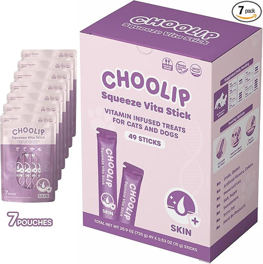Choolip Squeeze Vita Stick Skin Support Lickable Cat and Dog Treats – 49-Count Multivitamin Sticks for Skin and Coat Health, Soft Puree for All Life Stages – Box with 7 Pouches