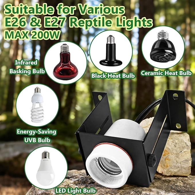 Reptile Light Fixture,Reptile Terrarium Heat Lamps Holder Bracket with Thermometer,Gecko Ceramic Heating Light Socket,Adjustable Bearded Dragon Lamp Fixture for Lizard,Turtle,Snake