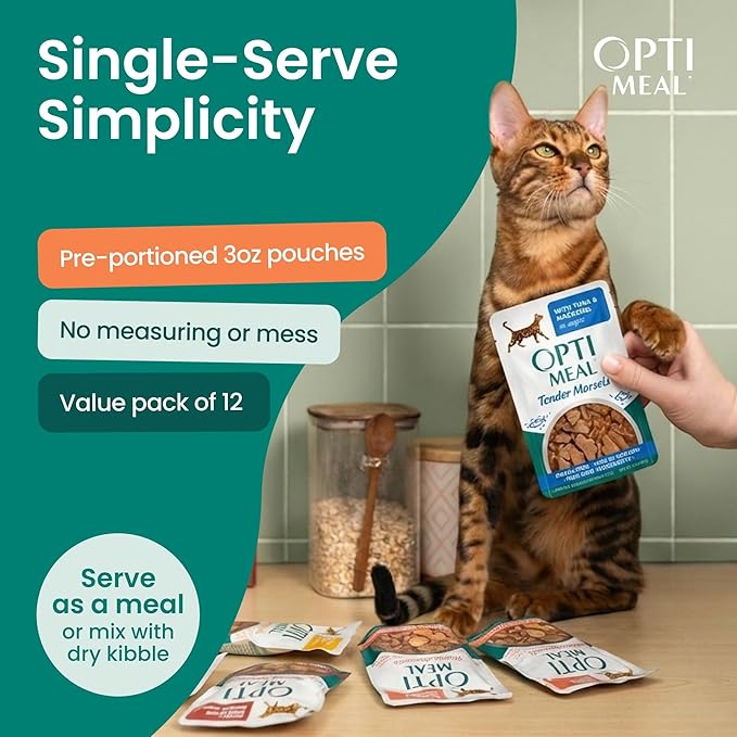 Optimeal Wet Cat Food Variety Pack - Surf & Turf Selection, Grain Free Tender Morsels, High Protein Premium Nutrition Made with Natural European Ingredients, Cat Pouches 3oz (Tuna & Mackerel)
