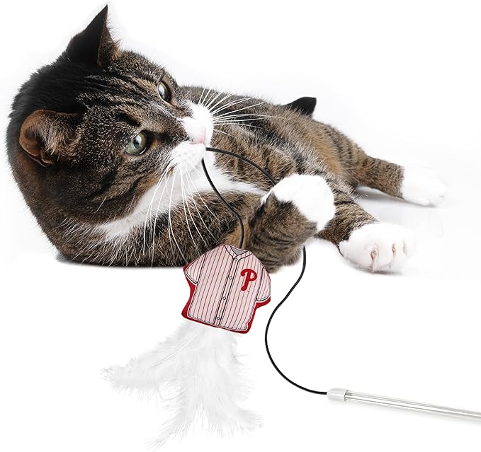 MLB Philadelphia Phillies Team Jersey Wand with CAT NIP, Cat Toy Jersey Shaped Plush Teaser Toy for Cats & Kittens - Interactive Pet Toy for Play & Exercise