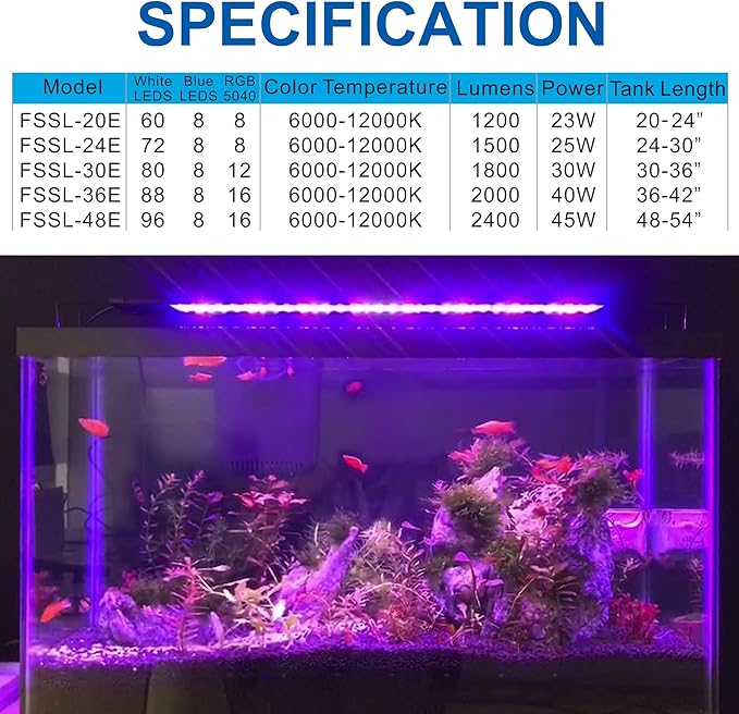 OYO WATER Aquarium LED Light 48 Inch with Timer, 24/7 Cycle, 5 Dimmable Brightness, Sunrise/Sunset Simulation for 10/20/30/55 Gallon Fish Tank