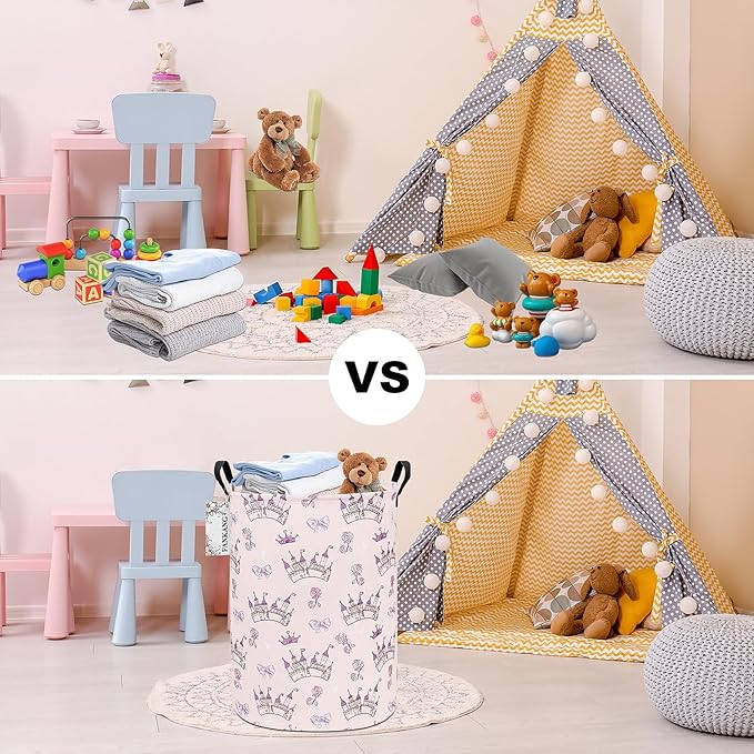 Storage Basket, Nursery Hamper Canvas Laundry Basket Foldable with Waterproof PE Coating Large Storage Baskets for Kids Boys and Girls, Office, Bedroom, Clothes,Toys(Princess Castle)