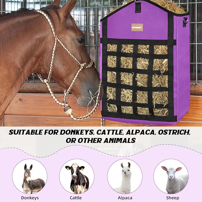 Innovative Hay Bags for Horses, Goat Hay Feeder with Reinforced Oxford Fabric and High Strength Metal Clasp,Horse Feeding Supplies with Adjustable Strap for Easy Hanging (Purple-1pack)