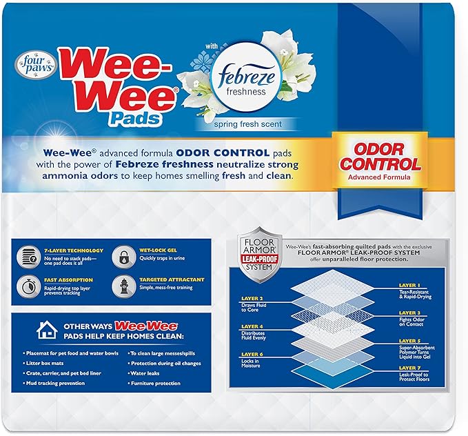 Four Paws Wee-Wee Odor Control with Febreze Freshness Pee Pads for Dogs & Puppies, Leak-Proof Dog Housebreaking Potty Training Floor Protection, Spring Fresh Scent, 22" x 23", 150 Count