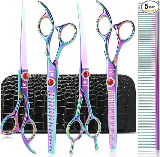 GLADOG Pro Rainbow 7 Inch Professional Pet Grooming Scissors Kit, 6-in-1 Dog Scissors, Titanium Coated, Stainless Steel, Right Handed, 5 Count