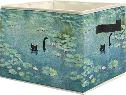 Water Lily Pond Black Cat Storage Bin Box, Cat Lover Mom Lady Grandma Gifts Collapsible Storage Basket Organizer for Bedroom Bathroom Home Clothes Toys Books, Toybox for Girls