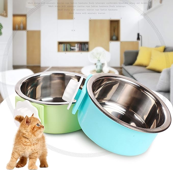 Pet Hanging Bowl 2-in-1 Removable Stainless Steel Food Hanging Bowl for Puppy/Cat, Andiker Pet Bowl Hanging Cage Large Water Food Feeder for Dogs Cats (Large, Blue)