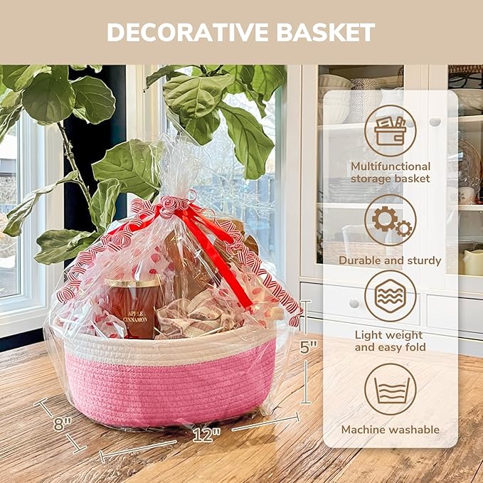 CHICVITA Pink Baskets for Gifts Empty, Gift Basket for Mom, Baby Gift Basket for Diapers, Cotton Rope Basket for Decor, 12"x 8"x 5"