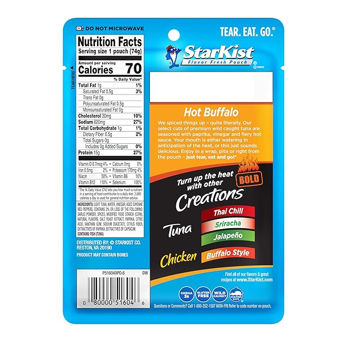 StarKist Tuna Creations BOLD Hot Buffalo Pouch (2.6 oz - 24 Pack) Wild Caught, High Protein Shelf Stable Seafood, Gluten Free, No Draining, Ready to Eat for Salads and Sandwiches