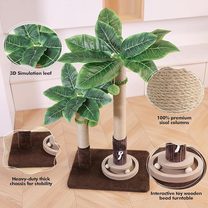 WOOCHPET Palm Tree Cat Scratching Post with Interactive Toys, Dual-Height Sisal Scratcher for Kittens, Adult & Large Indoor Cats