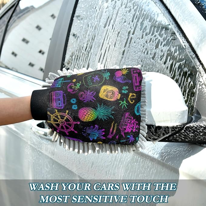 Car Wash Mitt Microfiber Wash Mitts for Car Washing Scratch-Free Cleaning Gloves Soft Non Absorbent Chenille Auto Hand Mitt Medium 2Pack Neon Ships Pineapple Skull Black