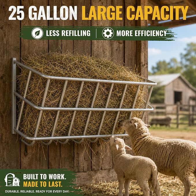 25 Gallon Wall Mount Hay Feeder, Metal Hay Rack for Goats and Horses | Galvanized steel, livestock feeding rack, barn stall feed holder, space-saving, rounded edges, easy install