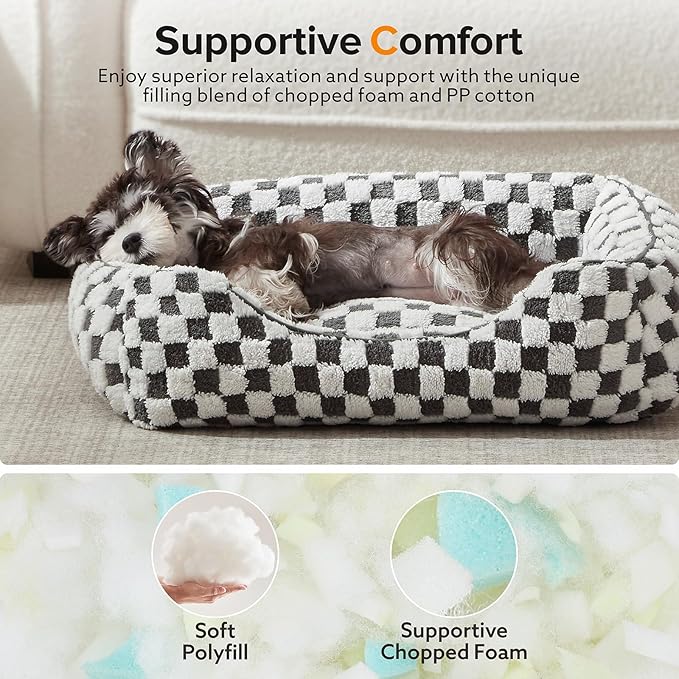 JOEJOY Dog Bed for Large Medium Small Dogs - Rectangle Orthopedic Dog Sofa Bed, Cute Modern Puppy Bed with Jacquard Shaggy Plush & Anti Slip Bottom, 35x25x10inches, Grey