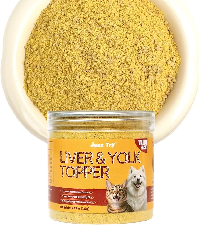Just Try 4.23 OZ Cat & Dog Food Toppers with Chicken Liver Freeze Dried Egg Yolk for Picky Eaters Iron Support Grain Free High Protein Meal Toppers