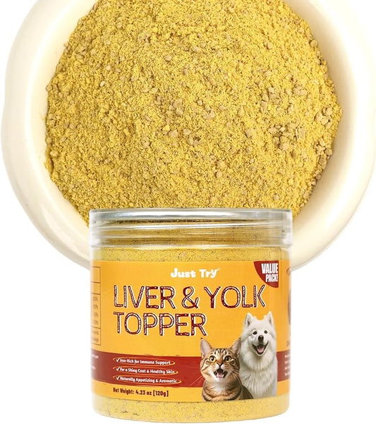 Just Try 4.23 OZ Cat & Dog Food Toppers with Chicken Liver Freeze Dried Egg Yolk for Picky Eaters Iron Support Grain Free High Protein Meal Toppers