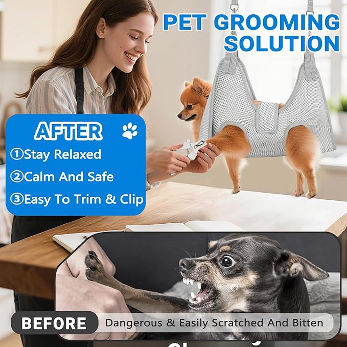 Supet Dog Grooming Hammock for Small Dogs, Dog Hanging Harness for Nail Trimming Doorframe, Pet Holder Restraint for Clipping Nails, Pet Hoist Sling for Cutting Nails at Home (Grey XS)