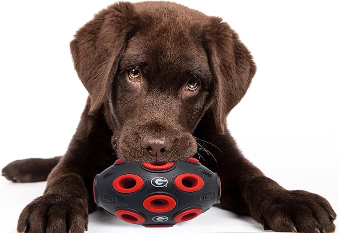 Pets First NCAA Georgia Bulldogs Football Treat Dispensing Toy for Dogs and Cats, Rubber Ball Dog Feeding Toy