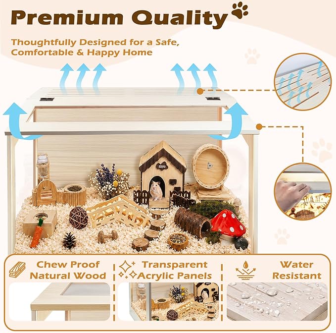 PROLEE Hamster Cage with Chewproof Wood Top, Guinea Pig Cages, Hamster Habitat with Clear Acrylic Sheets Solid Built, Small Animal Cage (Oak, 24X15.5X15.5 inch)