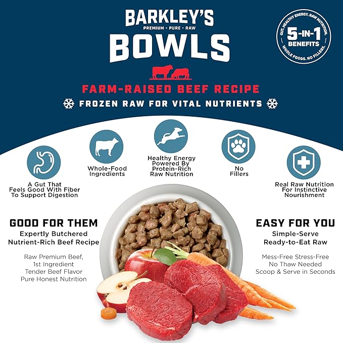 Barkley’s Bowls, Frozen Raw Beef Dog Food, Fresh Whole Food Ingredients w/Farm-Raised Beef, Grain Free, Dog Food Toppers, Human Grade Ingredients, for All Dog Breeds, Ages, & Sizes, 4 lb Bag (1 Pack)