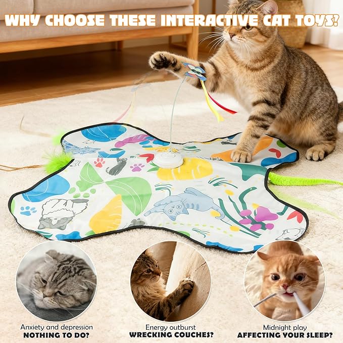 Interactive Cat Toys Rechargeable for 4 in 1 Hide and Seek Game, Moving Concealed Wand Feathers, Real Mouse Squeaky, Durable Exercise Toys for Indoor Cats for Bored Adult Cats Wand Toy