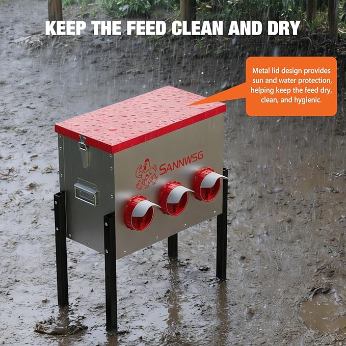 Chicken Feeders,47 lb Capacity 6 Port Automatic Chicken Feeder, Metal Chick Feeder with Locking Lid and Legs, Chicken Feeder for Chickens, Ducks, Geese
