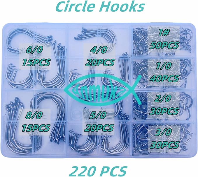 Circle Hooks Fishing Hooks 2X Strong 170PCS/Box|220PCS/Box Octopus Catfish Fish Bulk Fishing Hooks Set Saltwater Freshwater Gear Equipment#1 1/0 2/0 3/0 4/0 5/0 6/0 8/0 10/0