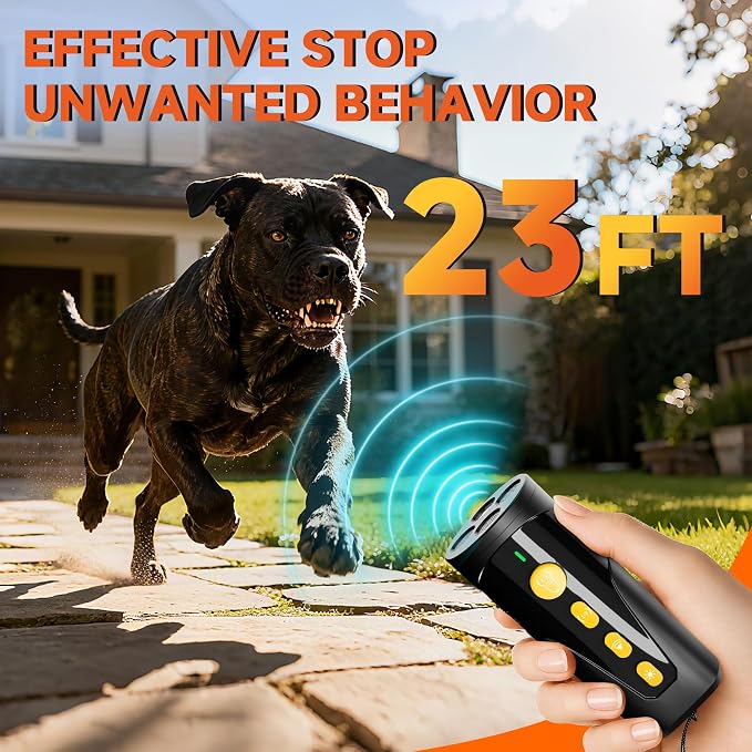 Dog Bark Deterrent Device, 3X Ultrasonic Anti Barking Device 6 Modes Dog Trainer Rechargeable & Portable Safe Bark Control Indoor Outdoor for All Dogs with LED Flashlight - Yellow Button