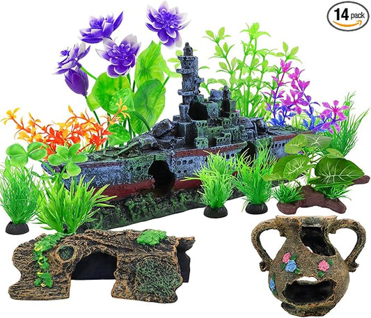 Aquarium Artificial Plastic Plants Decorations and Sunken Ship Set Goldfish 14 PCS Large Fish Tank Accessories Goldfish Betta Tank Decor