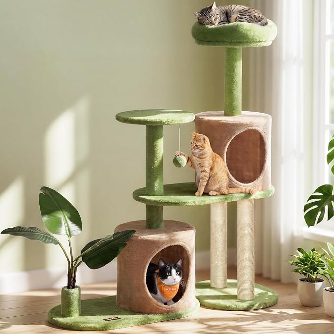 Feandrea Cat Tree, 42.9 Inches Tall Cat Tower, Multi-Level Plush Condo with Artificial Leaves, Scratching Posts, Grass Green and Camel Brown UPCT011C101S
