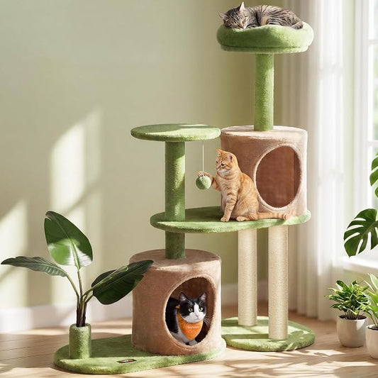 Feandrea Cat Tree, 42.9 Inches Tall Cat Tower, Multi-Level Plush Condo with Artificial Leaves, Scratching Posts, Grass Green and Camel Brown UPCT011C101S