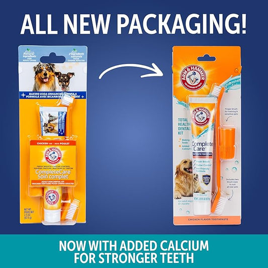 ARM & HAMMER Dog Dental Kit - Enzymatic Dog Toothpaste 2.5 oz Chicken Flavor - Dog Toothbrush & Finger Brush - Tartar & Gum Cleaning with Baking Soda Enhanced Formula - Complete Dental Care for Dogs