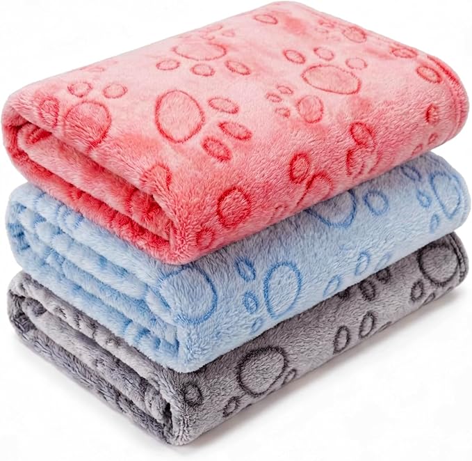 1 Pack 3 Blankets Super Soft Fluffy Premium Fleece Pet Blanket Flannel Paw Printed Throw for Dog Puppy Cat (Large 41x31'', Blue, Red, Grey)
