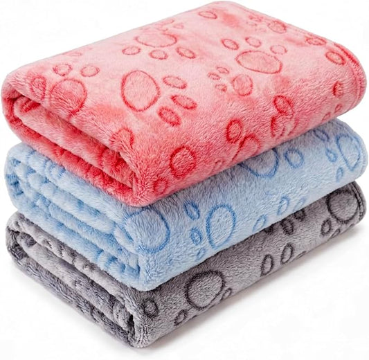 1 Pack 3 Blankets Super Soft Fluffy Premium Fleece Pet Blanket Flannel Paw Printed Throw for Dog Puppy Cat (Medium 30x20'', Blue, Red, Grey)