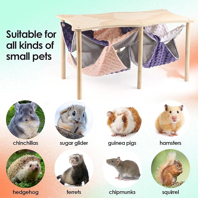 Guinea Pig Hammock,Double Ferret Rat Hammock with Stand,2PCS Hanging Soft Small Animal Toys Sleeping Bed with Durable Wooden Stand for Chinchilla Bunny Hiding and Playing